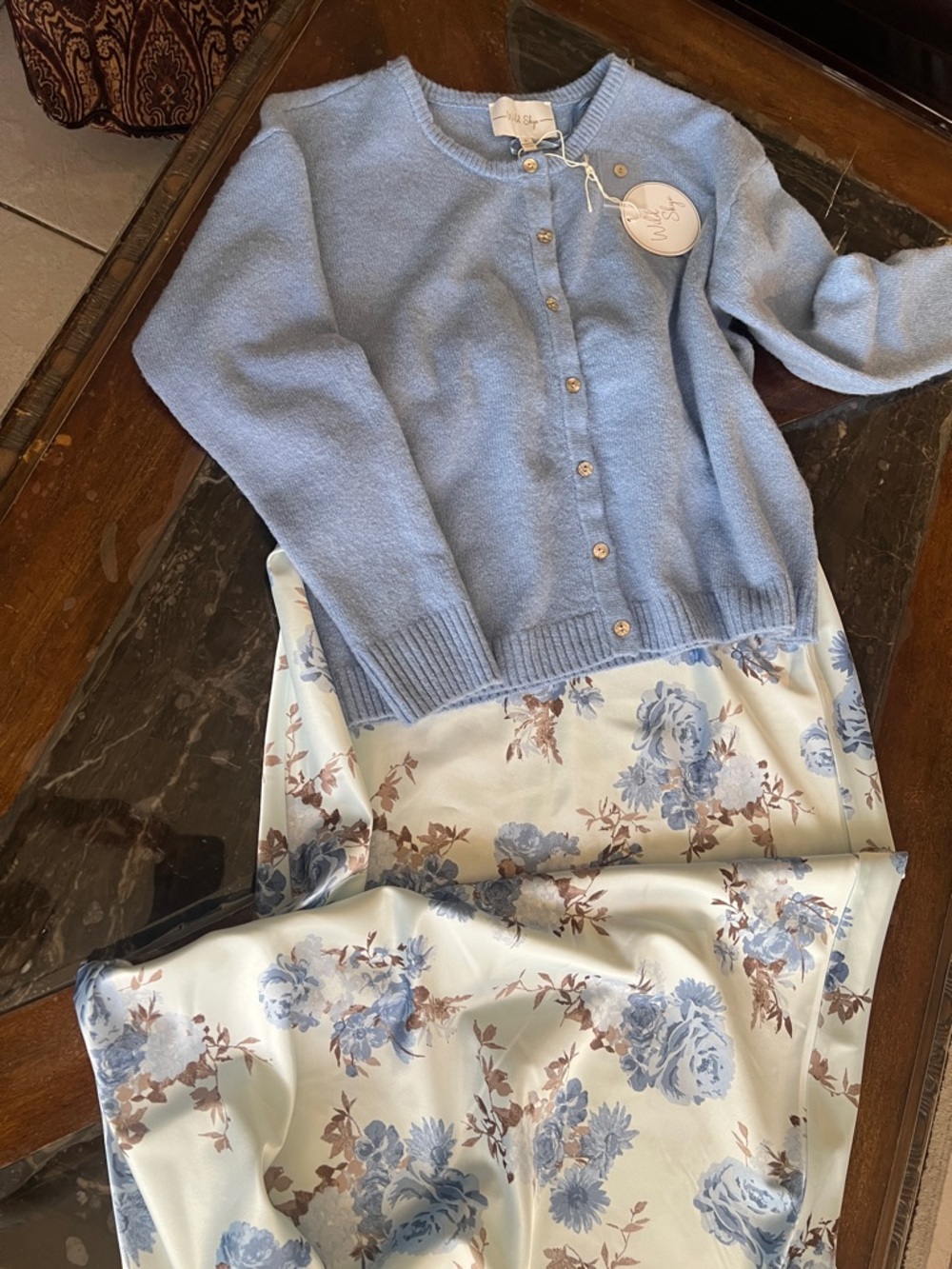 Blue Floral Maxi Skirt and Light Blue Cardigan Set